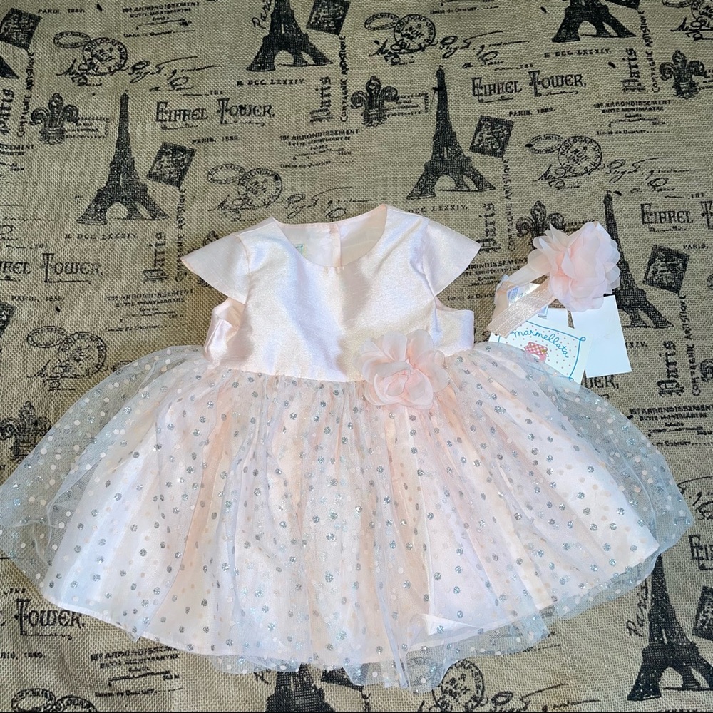 Marmellata NWT! Pink/Silver Glitter Floral Waisted Tie Princess Dress 12M